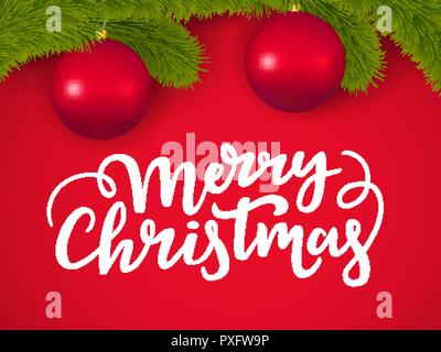 Scheda di Natale con congratulazioni caratteri di testo e di nuovo anno a rami di alberi con sfere di vetro su uno sfondo rosso Illustrazione Vettoriale