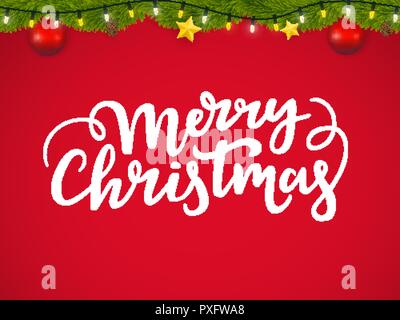Auguri di Natale carta con scritte e festosa ghirlanda di conifere Illustrazione Vettoriale