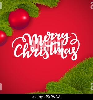Bordo di Natale su uno sfondo di colore rosso. Buon Natale lettering con telaio di conifere Illustrazione Vettoriale