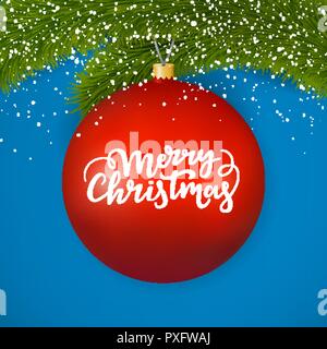 Rosso di Natale sfera di vetro con testo di festa. Buon Natale scritte su un inverno ornamenti appesi a un ramo di abete Illustrazione Vettoriale