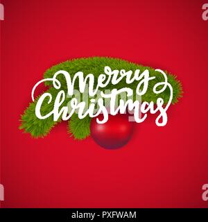Merry Christmas greeting card design: scritto a mano caratteri di testo e di nuovo anno abete del ramo con un inverno decorazioni Palla di vetro su un rosso backgroun Illustrazione Vettoriale
