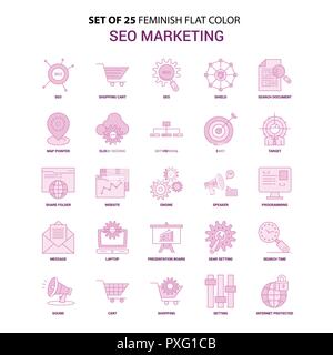 Set di 25 Feminish Marketing SEO Schermo piatto a colori rosa icona impostare Illustrazione Vettoriale