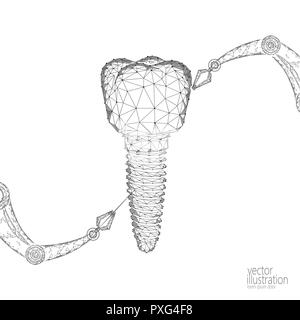 3d innovazione dente braccio robot concetto poligonale. Stomatologia simbolo bassa poli triangolo astratto dentale orale cure mediche business. Punto collegata impianto di particelle blu render illustrazione vettoriale arte Illustrazione Vettoriale