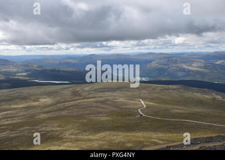 Norwegen, Tron, Tronfjell, Alvdal, Mittente, Berg, Gipfel, Straße, Schotterstraße, Maut, Mautstraße, Islandmoos, Fluss, Glåma, Hedmark, Tal, Østerdalen, Foto Stock