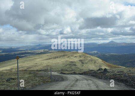 Norwegen, Tron, Tronfjell, Alvdal, Mittente, Berg, Gipfel, Straße, Schotterstraße, Maut, Mautstraße, Islandmoos, Fluss, Glåma, Hedmark, Tal, Østerdalen, Foto Stock