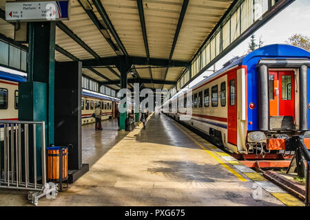 Interno del Haydarpasa Stazione Ferroviaria di Istanbul, con due treni e passeggeri. Foto Stock