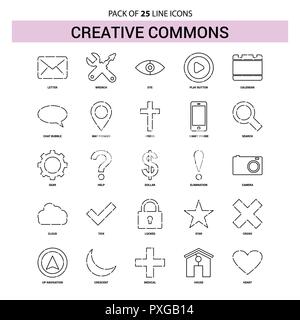 Creative Commons linea Icon Set - 25 profilo tratteggiato Style Illustrazione Vettoriale