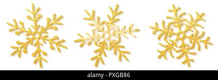 Fiocchi di neve di lusso con oro luccica isolati su sfondo bianco. Buon Natale e Felice Anno Nuovo. Elementi di natale. Set di fiocchi di neve. Vettore i Illustrazione Vettoriale