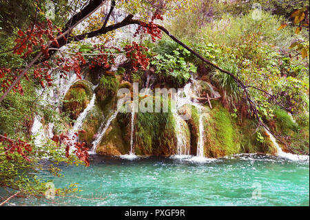 Numerose cascate di uno dei più straordinari laghi di Plitvice, Croazia. Una vera vergine e meraviglioso pezzo di natura. Foto Stock