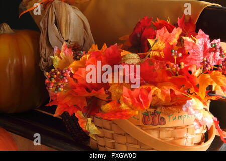 Caduta display da banco con foglie, Zucche e mais, sul lato destro in alto vicino Foto Stock