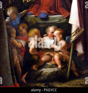 Madonna in trono col Bambino e angeli tra i Santi Apollonia, Agostino, Catherine, Giuseppe, Grata, Filippo Benizzi e Barbara 1517 - 1518 da Cariani (Giovanni Busi) Italia, italiano . Foto Stock