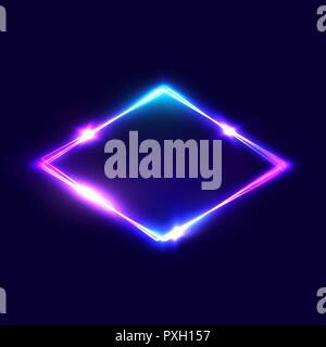 Rombo di sfondo scuro su sfondo blu. Night club neon romboidale. 3d segno a losanga con effetto neon. Tecno Electric rombo. Logo a rombo. Strada elettrico diamante. 80s style illustrazione vettoriale. Illustrazione Vettoriale