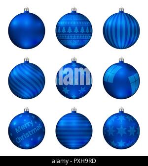 Blu palle di Natale isolato su sfondo bianco. Fotorealistica di alta qualità insieme di vettore di baubles di natale. Modello diverso. Illustrazione Vettoriale
