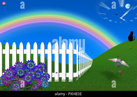 Composizione surreale. Assurda con cortile recinto bianco, alato possono di zuppa, gatto nero e orologio nel cielo. Foto Stock