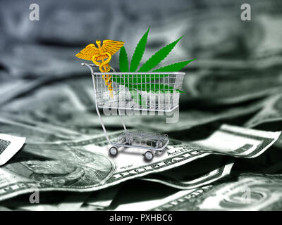 Foglia di marijuana e il caduceo in un carrello. Dollari USA. Foto Stock