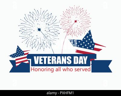 Felice veterani undicesimo giorno di novembre. In onore di tutti coloro che hanno servito. Biglietto di auguri con nastro, stelle e fuochi d'artificio. Stella a cinque punte con bandiera usa. Vettore Illustrazione Vettoriale