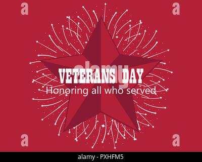 Felice veterani undicesimo giorno di novembre. In onore di tutti coloro che hanno servito. Biglietto di auguri con la rossa stella a cinque punte e fuochi d'artificio. Illustrazione Vettoriale Illustrazione Vettoriale