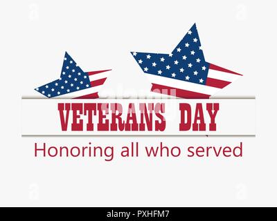 Felice veterani undicesimo giorno di novembre. In onore di tutti coloro che hanno servito. Biglietto di auguri con nastro e stelle. Stella a cinque punte con bandiera usa. Illustratio vettore Illustrazione Vettoriale
