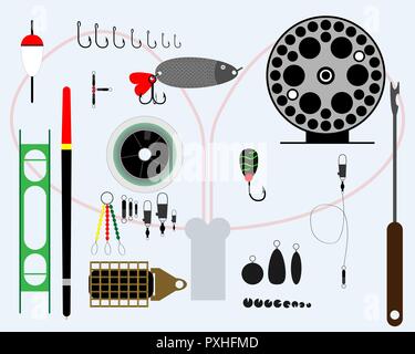 Ampia serie di accessori per la pesca Illustrazione Vettoriale