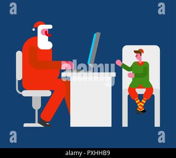 Santa lavorando al computer. Natale nonno e pc. Elf santa helper Illustrazione Vettoriale