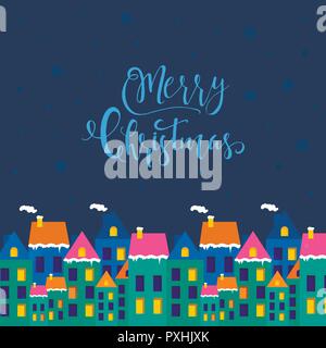 Merry Christmas greeting card con edifici nevoso, case, case con caratteri. Uno stile piatto di icone per presenta, invito, camera per bambini, asili nido Illustrazione Vettoriale