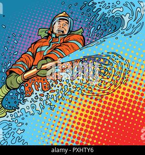 Firefighter mette fuori fuoco con acqua Illustrazione Vettoriale