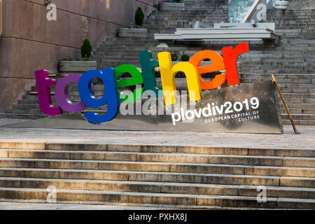 Segno di Plovdiv centro città - insieme a Plovdiv capitale europea della cultura 2019 Foto Stock