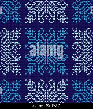 Abstract blu e bianco seamless knitting pattern con i fiocchi di neve sullo sfondo Illustrazione Vettoriale