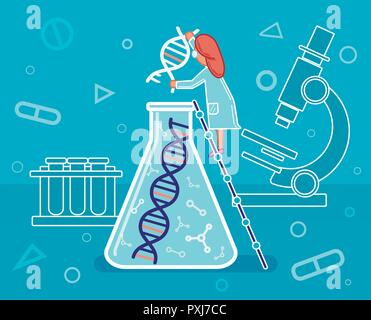 Il sequenziamento del genoma, DNA, DNA research, scienziato in laboratorio, medicina, illustrazione vettore. Illustrazione Vettoriale