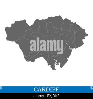 Alta Qualità Mappa di Cardiff è una città nel Regno Unito, con i confini dei distretti Illustrazione Vettoriale