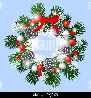 Schizzo di natale con corona di Abete rami decorato con fiocchi di neve e pigne. Campione del poster, invito e altre carte. Illustrazione Vettoriale. Illustrazione Vettoriale