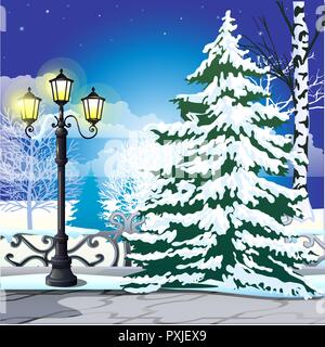 Inverno disegno sullo sfondo di abete innevato e vintage lampione nel parco. Campione di Natale e Anno Nuovo bigliettino, festosa poster o di inviti per le feste. Illustrazione Vettoriale. Illustrazione Vettoriale