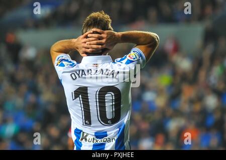 Mikel Oyarzabal della Real Sociedad reagisce durante il campionato spagnolo partita di calcio tra il Real Sociedad e Girona a Stadio Anoeta il 22 ottobre 2018 in San Sebastian, Spagna Cordon premere Foto Stock