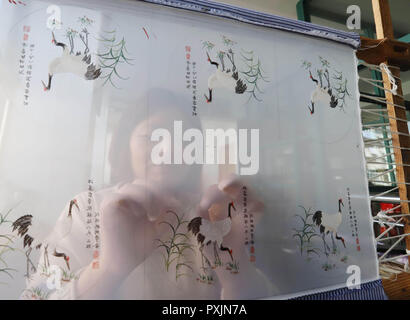 Dongtai, cinese della provincia di Jiangsu. 22 ottobre, 2018. Un artista locale fa opere di ricamo con i capelli in Dongtai, est cinese della provincia di Jiangsu, Ottobre 22, 2018. Credito: Xiang Zhonglin/Xinhua/Alamy Live News Foto Stock