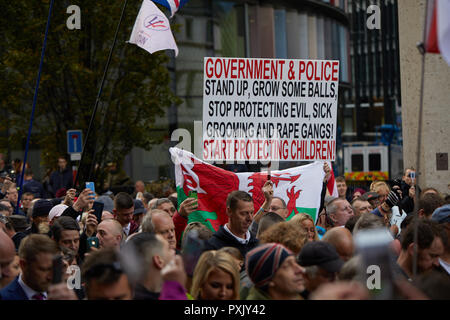 Londra, Regno Unito. 23 ott 2018. Una targhetta trattenuto da un sostenitore di Tommy Robinson al di fuori della Old Bailey. Credito: Kevin J. Frost/Alamy Live News Foto Stock