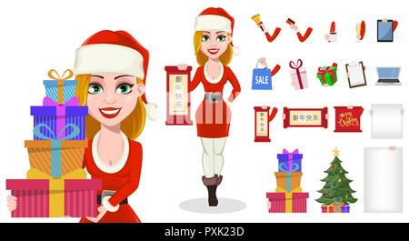 Auguri di Buon Natale. Bella donna di Santa Claus costume, personaggio dei cartoni animati. Pack di parti del corpo e le cose. Costruire il tuo design personale. Lettering tran Illustrazione Vettoriale