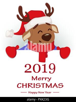 Auguri di Buon Natale. Carino cervi indossando Santa Claus hat e sciarpa. Allegro divertente personaggio dei fumetti azienda banner con congratulazioni. Illustratio vettore Illustrazione Vettoriale
