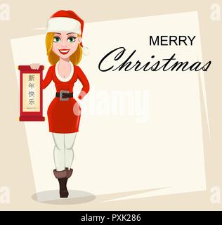 Merry Christmas greeting card con bella donna di Santa Claus costume. Personaggio dei fumetti holding scorrere con i messaggi di saluto in una mano, scritte tran Illustrazione Vettoriale