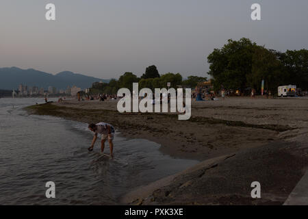 La folla di persone godere dopo il tramonto guardando la splendida costa in spiaggia Kitasilano Vancouver BC Canada Foto Stock