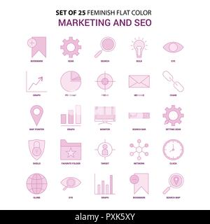 Set di 25 Feminish Marketing SEO e schermo piatto a colori rosa icona impostare Illustrazione Vettoriale