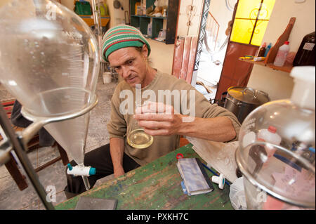 L'argentino Alejandro Trevisan è un viaggiatore che ha dedicato la sua vita a piante, nella sua casa nel centro di Pisac, ha un piccolo laboratorio fo Foto Stock