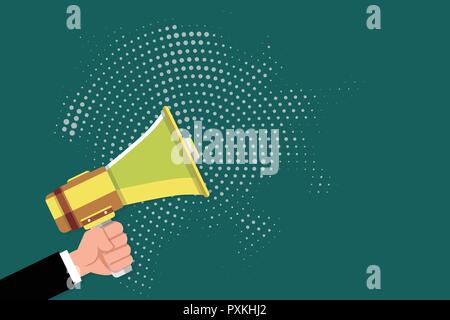 Design piatto business illustrazione vettoriale concetto vuoto spazio copia moderna sfondo astratto elemento geometrico. Maschio a mano umana tenendo la presa di un meg Illustrazione Vettoriale
