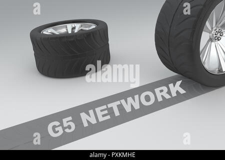 G5 Network immagine concettuale del 3D reso ruote con pneumatici e segno su traccia scura che mostra le distanze di frenata su sfondo grigio Foto Stock