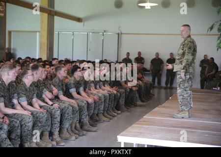 Comando Esercito Sgt. Il Mag. John Wayne Troxell, i soldati Senior Advisor per il presidente del Comune di capi di Stato Maggiore (SEAC), parla di Marines di Marine forza rotazionale Europa 17.1 a Vaernes guarnigione, Norvegia, 17 giugno 2017. Sgt. Il Mag. Troxell ha visitato la Norvegia per discutere le prospettive strategiche tra la Norvegia e gli Stati Uniti Il SEAC è senior sottufficiale NEGLI STATI UNITI Forze armate. Foto Stock