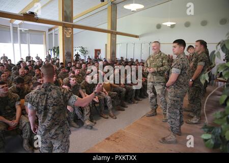 Marine Sgt 1a. Troy Dailey, sinistra, il Marine forza rotazionale Europa 17.1 (MRF-E) arruolati senior advisor e Comando Esercito Sgt. Il Mag. John Wayne Troxell, centro, i soldati Senior Advisor per il presidente del Comune di capi di Stato Maggiore (SEAC), riconoscere MRF-E Marines per prestazioni eccezionali durante la distribuzione il 17 giugno 2017 a Vaernes guarnigione, Norvegia. Il SEAC ha visitato la Norvegia per capire meglio il ruolo del Marine Corps Programma di preposizionamento e MRF-E. Foto Stock