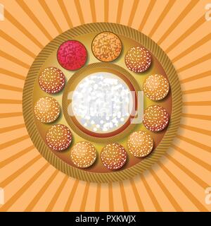 Makar Sankranti. Solstizio d'inverno Harvest Festival. Piatto tradizionale - dolce di sesamo, sfondo con raggi dal centro Illustrazione Vettoriale