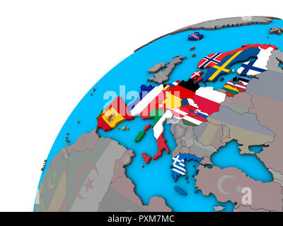 Area di Schengen i membri con bandiere nazionali sul globo 3D. 3D'illustrazione. Foto Stock