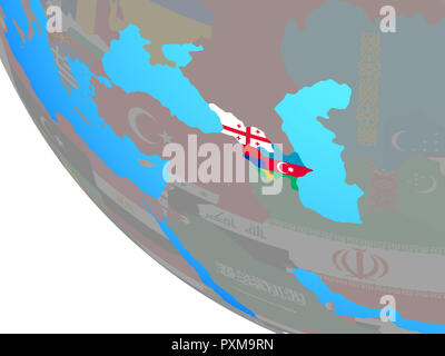 Regione del Caucaso con bandiere nazionali sul globo semplice. 3D'illustrazione. Foto Stock