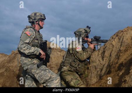 Soldati del primo battaglione, 118a Campo Reggimento di Artiglieria addestrato sul perimetro di sicurezza sforzi Giugno 14, 2017 come parte del combattimento esportabile capacità di formazione esercitare a Fort Stewart, Ga. Foto Stock