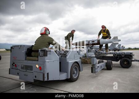 Stati Uniti Marine Corps Lance cpl. Douglas Gainer, sinistra, Dustin Kallmeyer, centro e Nicholas O. Haney, tutti aviation ordnance tecnici assegnati alle Marine Fighter Squadron di attacco 251, scaricare un GBU-32 durante il Red Flag-Alaska 17-2 su base comune Elmendorf-Richardson, Alaska, 14 giugno 2017. Red Flag Alaska fornisce un ottimo ambiente di formazione in Indo-Asian regione del Pacifico e si concentra sul miglioramento del suolo, spazio e cyberspazio combat readiness e interoperabilità per gli Stati Uniti e le forze internazionali. Foto Stock